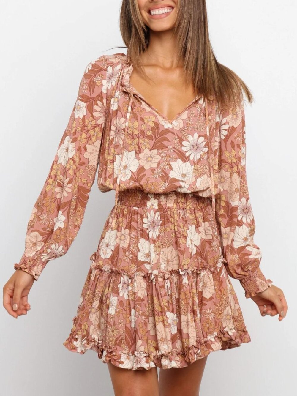 Petal & Pup Kealan mini blouson dress brown floral ruffles tiered skirt US4 NWT